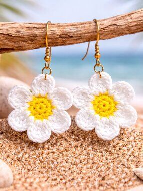 Handmade Crochet Daisy Flower Earrings | White & Yellow Floral Dangle Earrings